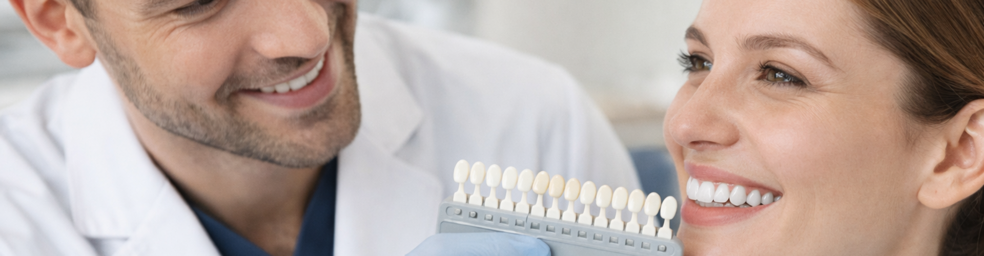 Man holding tooth shade-matching tool next to woman's smile.